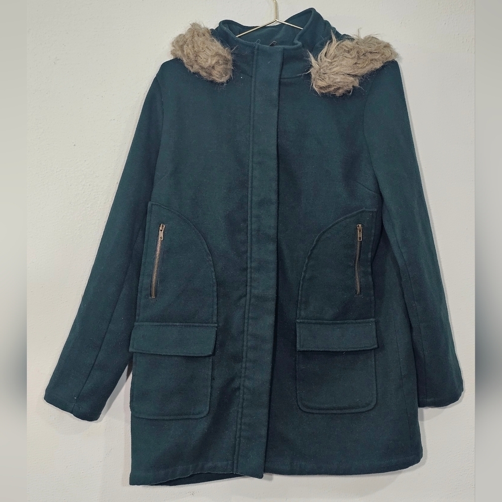 JustFab Dark Green Puffer Coat with Faux Fur Hoddie Pockets Zip Sz Small